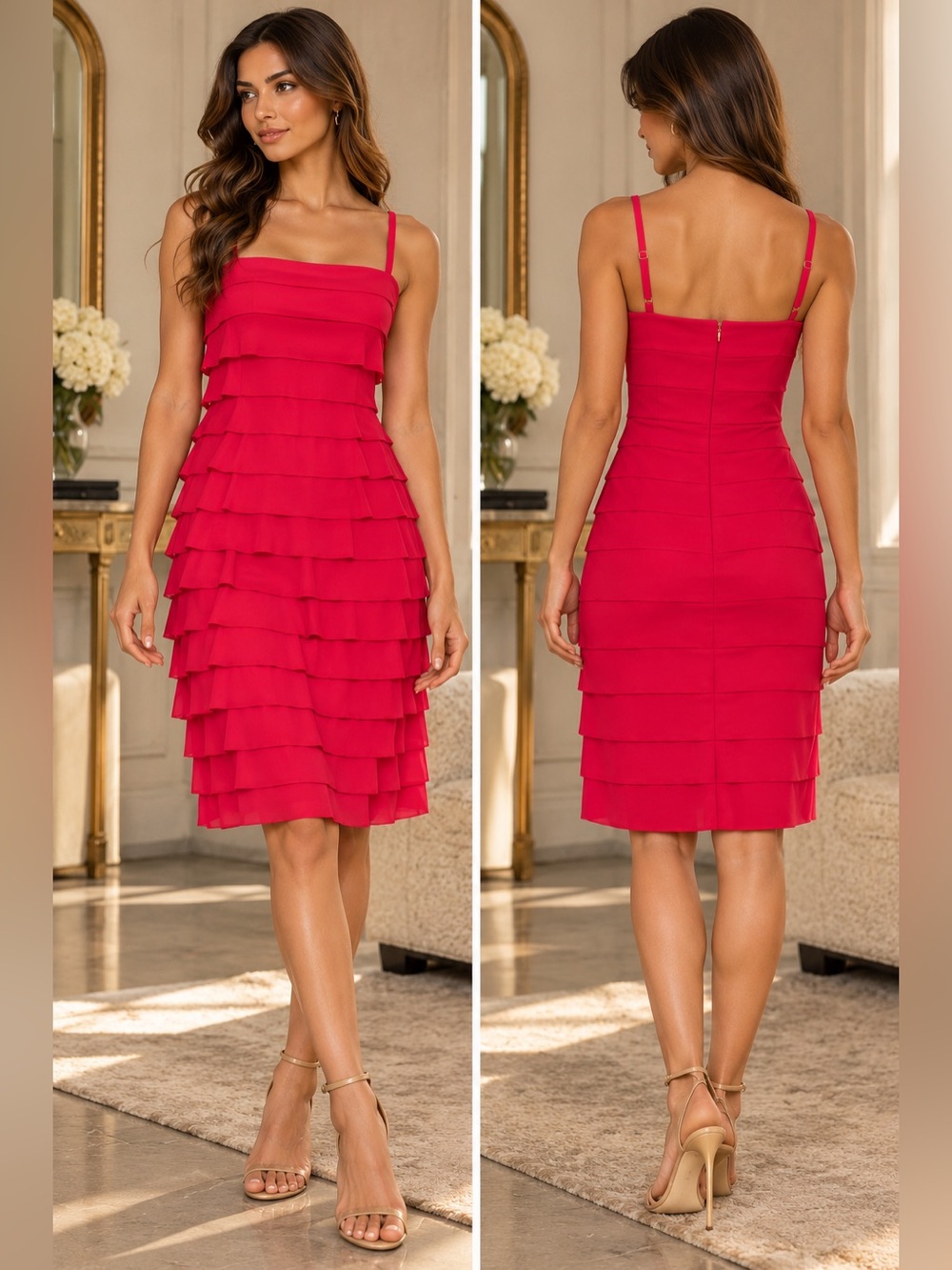 Evan-Picone Hollyberry Red Tiered Ruffle Sheath Dress 12 NWT